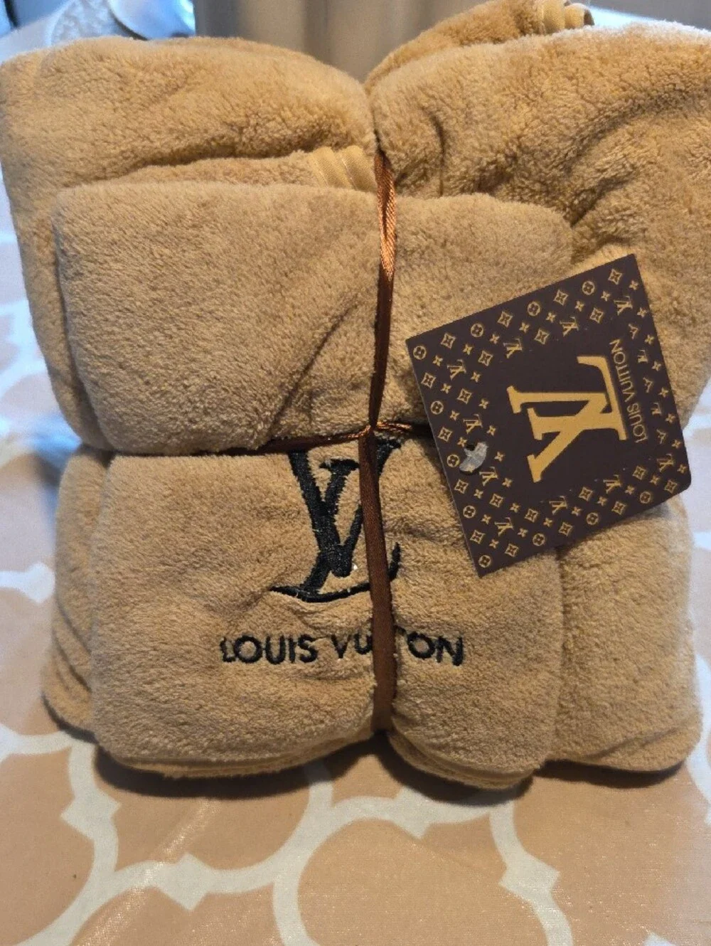 Louis Vuitton Embroidered Tan Plush Towel Set
